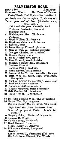 Palmerston Road 1912 Directory